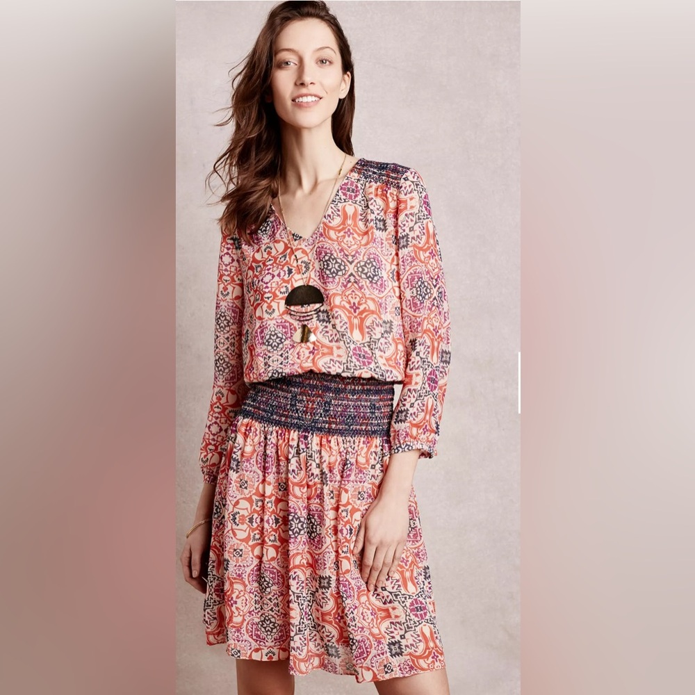 Anthropologie Vanessa Virginia Daytripper Printed Smocked dress size M